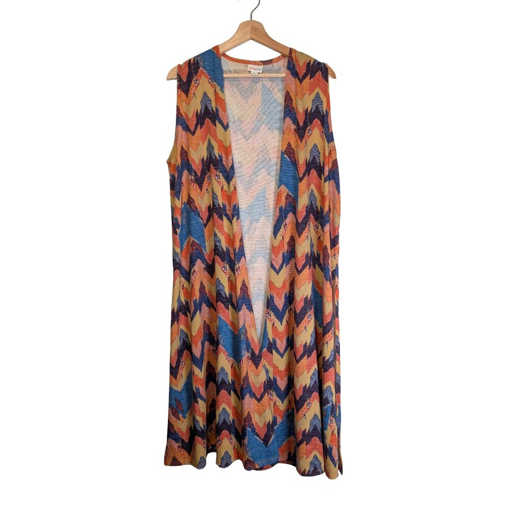 LuLaRoe Joy Chevron Knit Long Sweater Vest Women's Medium Open Front Slit Hem